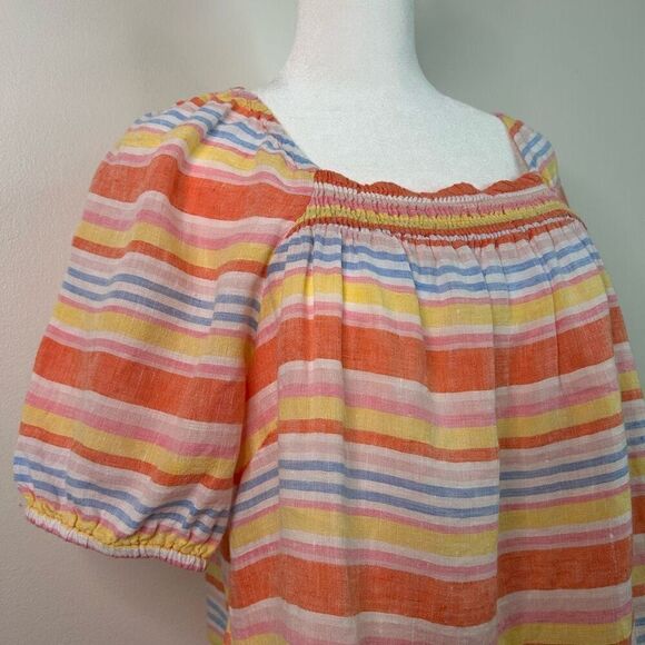 Talbots Linen Striped Puff Sleeve Top L Pastel Summer Blouse Coastal Grandma - Picture 4 of 12